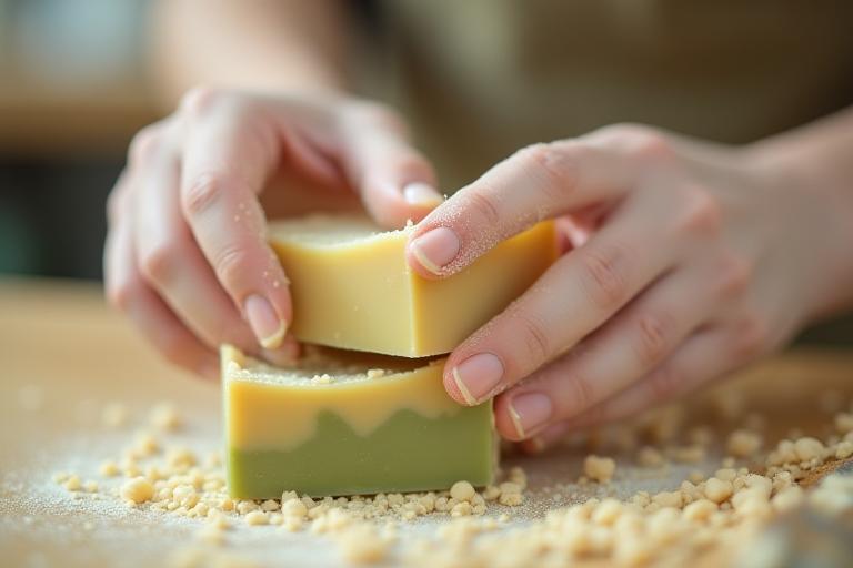 Skilled hands carefully crafting handmade soap bars in a bright, clean workshop environment.