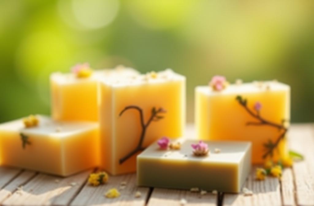 Handcrafted natural soap bars with botanical elements displayed in a serene, sunlit setting.