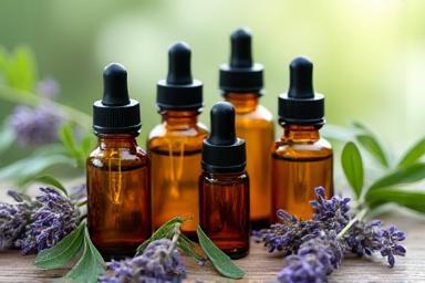 Several small amber glass bottles with droppers, surrounded by fresh plant leaves and herbs like lavender and rosemary.