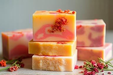 An artful stack of vibrantly colored and textured handmade soap bars, some showing embedded botanicals like flower petals.