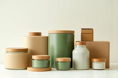 Various examples of eco-friendly product packaging, including recycled paper boxes, glass jars, and bamboo lids.
