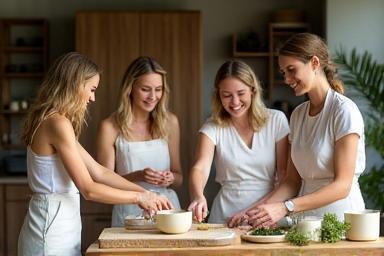 A group of happy participants actively engaged in a hands-on natural beauty workshop, mixing ingredients.